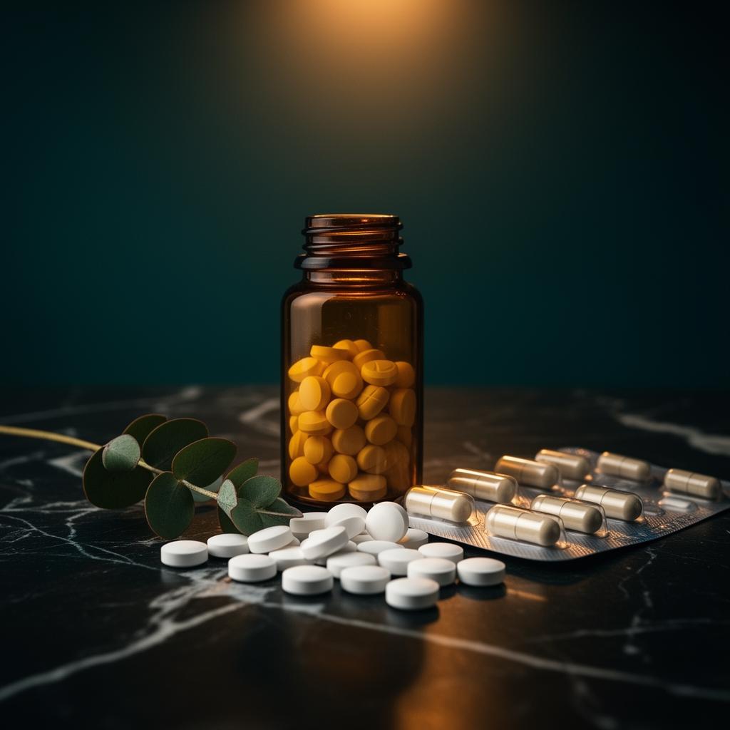 Frasco âmbar de medicamento, comprimidos brancos e cartela de blister sobre mármore — bulas e informações de remédios